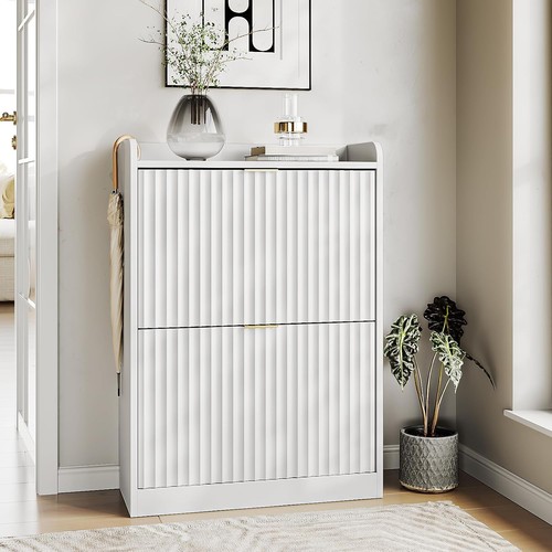 White fluted shoe cabinet - white,